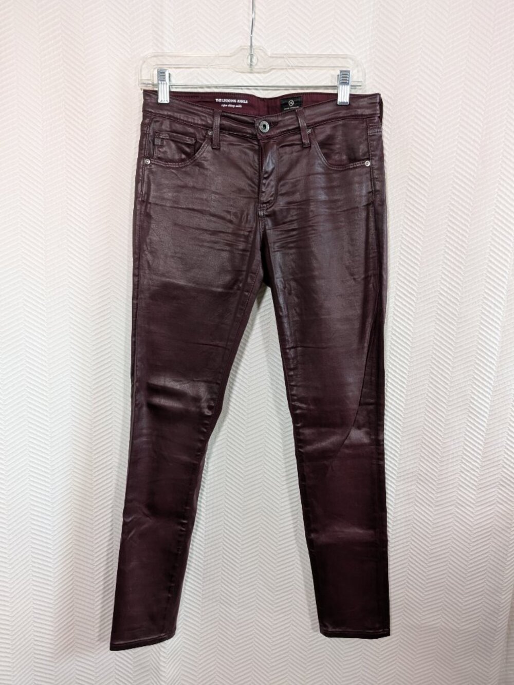 AG The Legging Ankle Super Skinny Coated Jeans Burgundy Wine Fall Size 26R